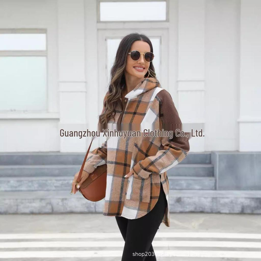 Damen 2025 Karierter Kapuzenmantel mit Knopfleiste - Herbst/Winter Mode, Lässige Lockere Passform