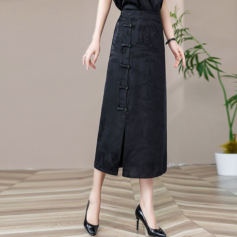 Retro chiński styl Spódnica Cheongsam z wysokim stanem Letnia moda i wszechstronna Chińska żakardowa haftowana spódnica z rozcięciem