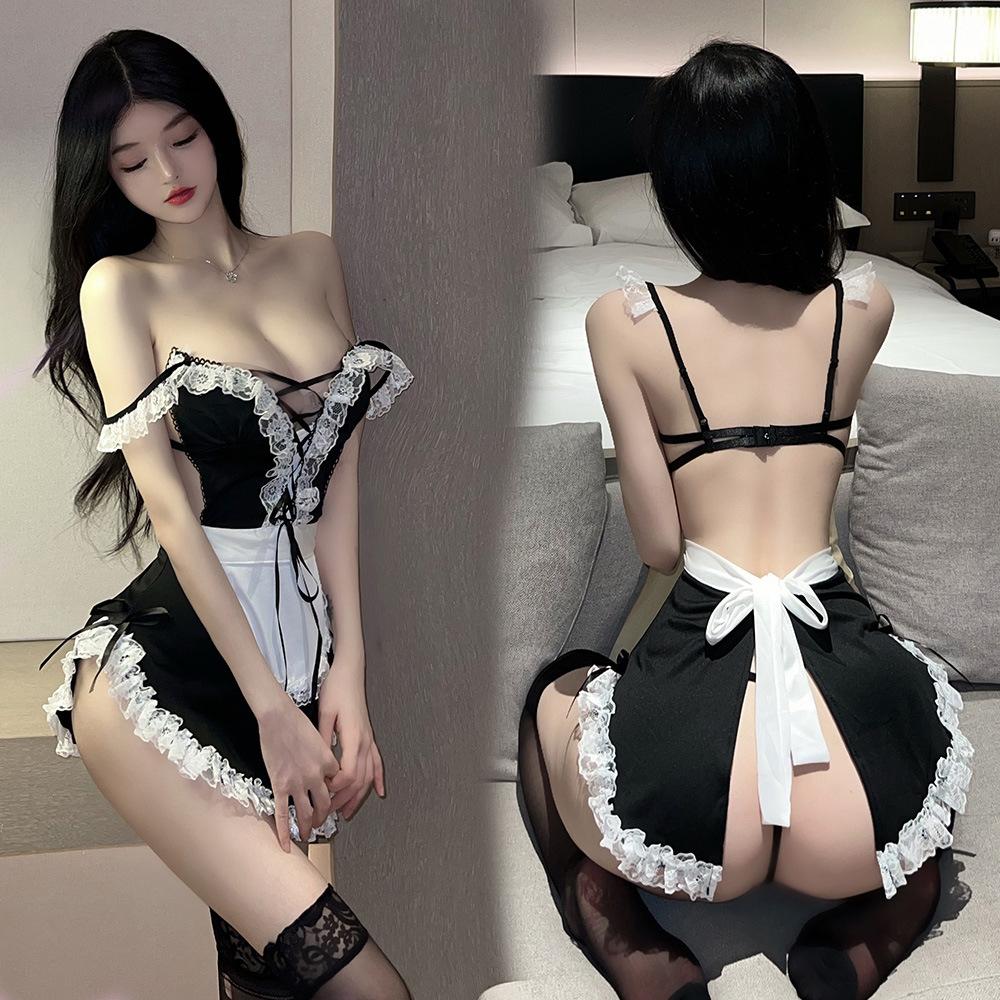 Sexy Lingerie Passion Maid Cosplay Lace Uniform Seduction Lace Up Naughty Maid Nightdress Set