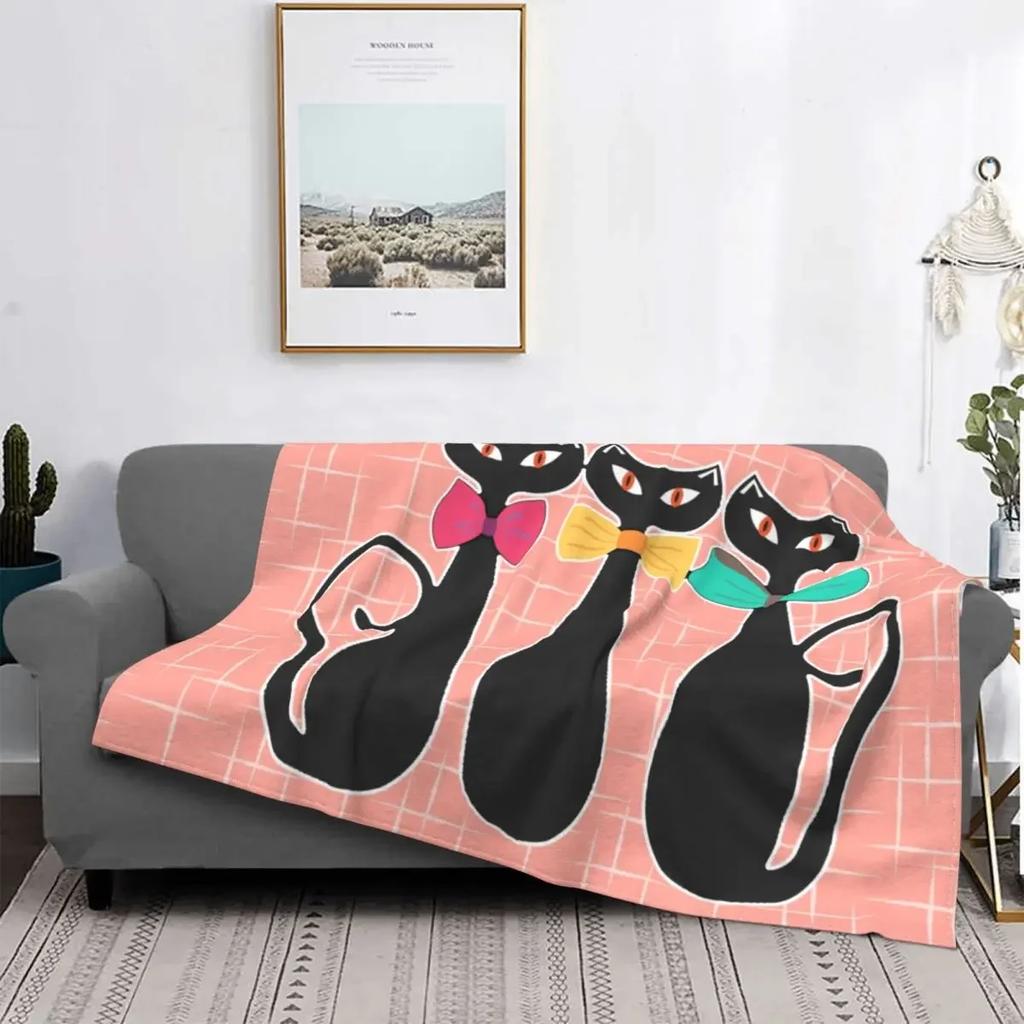 Cute Black Cat Blankets Soft Warm Flannel Mid Century Meow Retro Atomic Kitties Throw Blanket for Bedding Couch Bedspread, Gifts