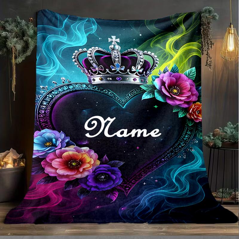 1PC Custom Name Royal Heart outdooor Flannel blankets Throw Blanket All-Season Throw Gift Bedspread for Couch, Bed, Camping Holiday Birthda