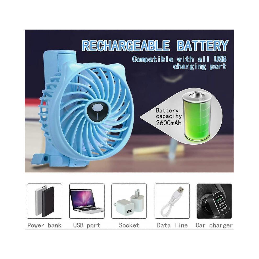 Mini Handheld Fan 2600mAh Battery Operated Fan 3 Speed Adjustable USB Rechargeable Portable Personal Fan Foldable Stroller Desk Table FanBlue