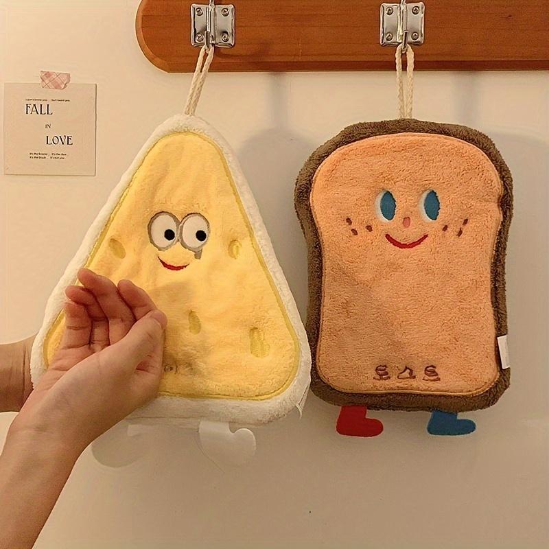 4pcs Cute Cartoon Bread-Shaped Coral Fleece Hand Towels Quick-Dry Soft Absorbent with Hanging Loop Design for Youngsters' Bathroom Kitchen