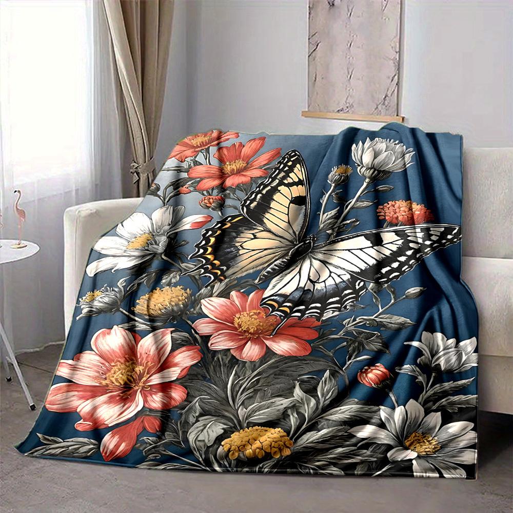 1pc Butterfly Flowers Lightweight Flannel Blanket, Comfortable and Warm Blanket, for Office and Camping Sofa Bed, Livingroom118