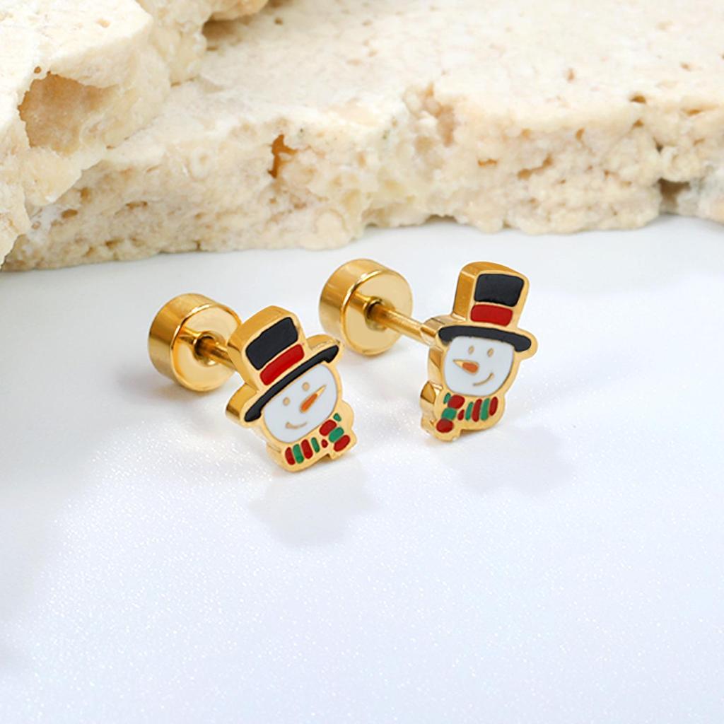 European & American Christmas Snowman Stud Earrings - Cute Pattern, Stainless Steel Screw-Back, Cross-Border Exclusive