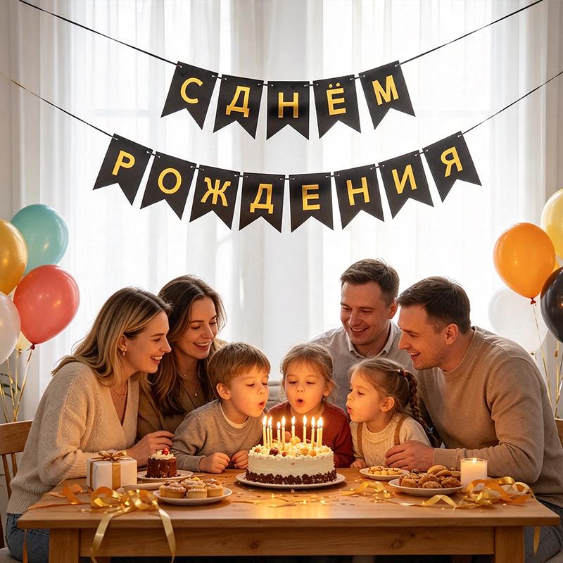1 Set Birthday Durable Party Reusable Flag Elegant Banner Gold Russian Premium Letter Glitter