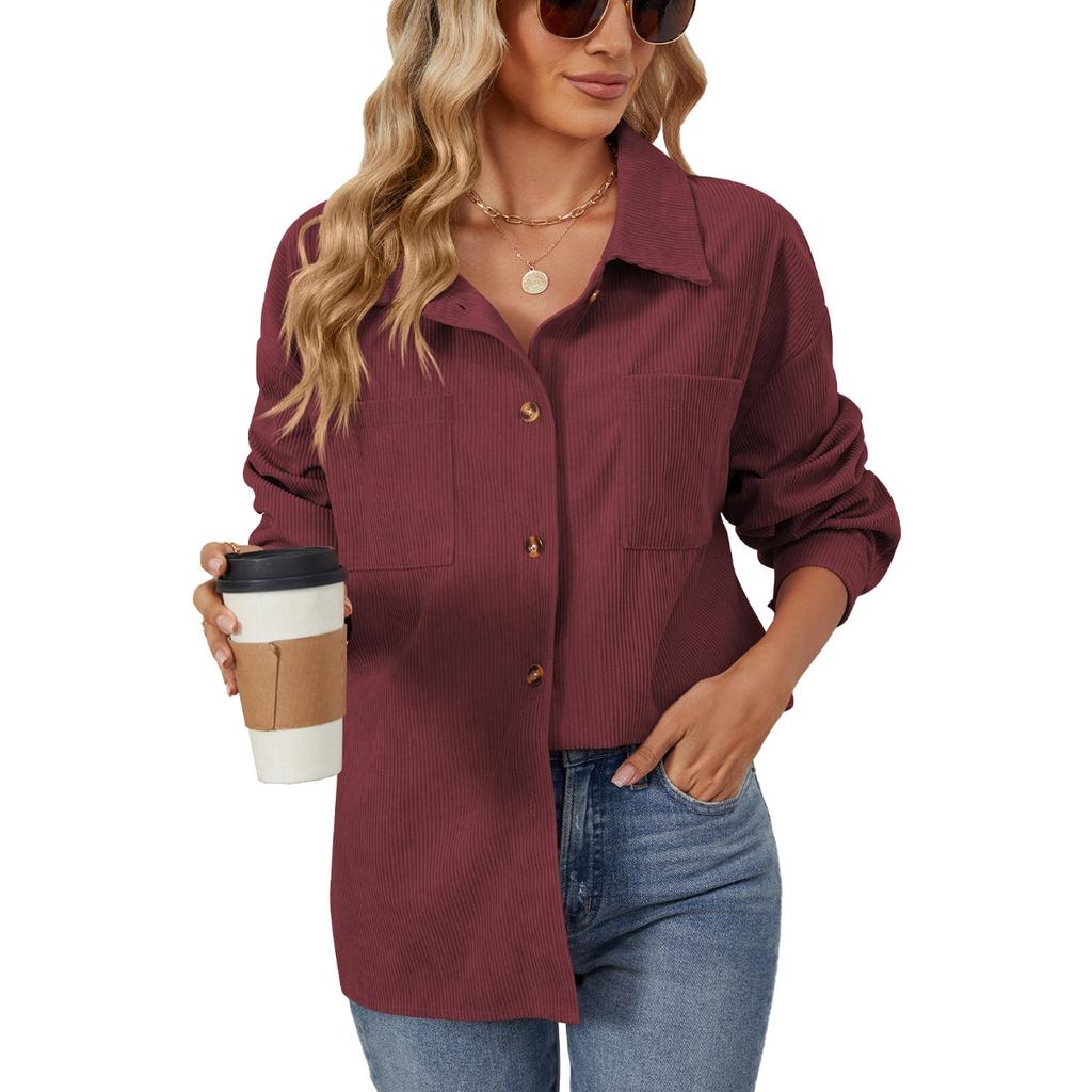 Fall Winter New Corduroy Lapel Long Sleeve Loose Pocket Shirt Jacket For Amazon Europe America Cross-border Foreign Trade