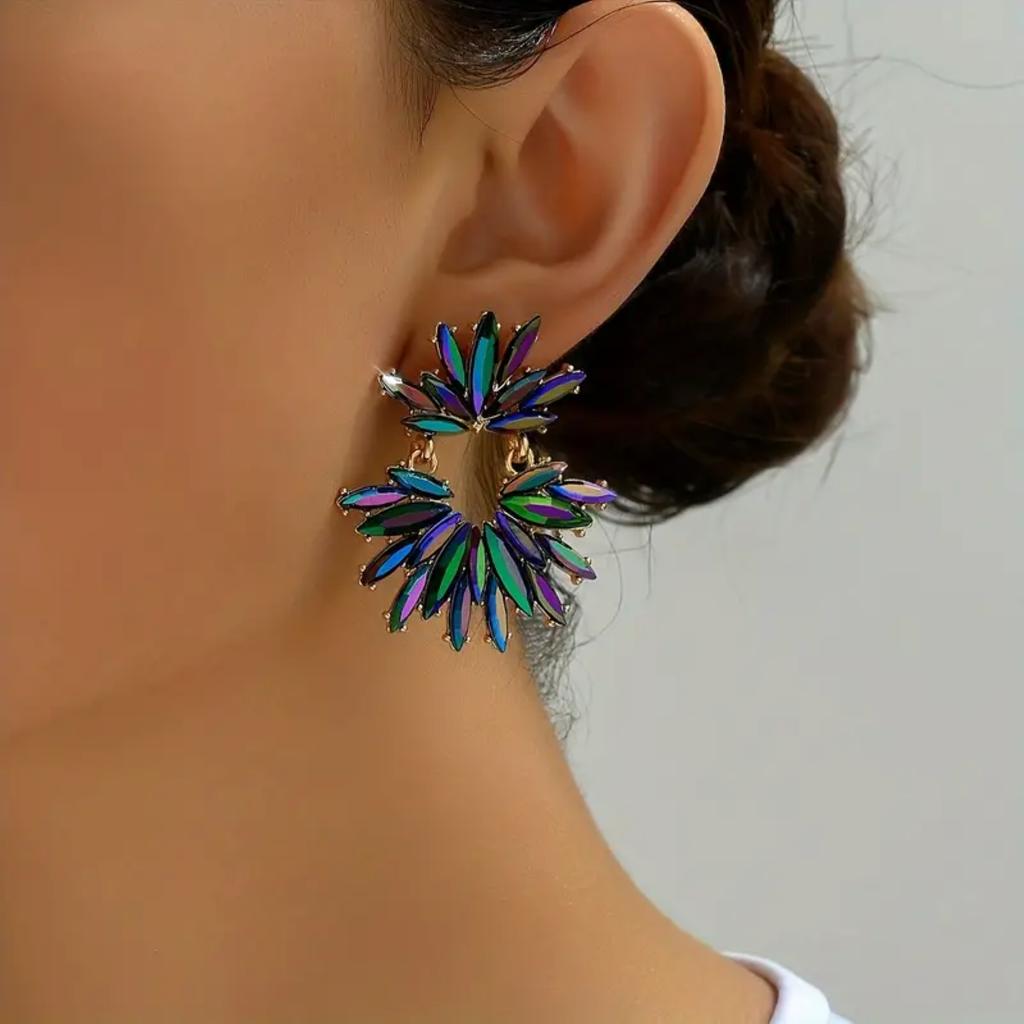 1 Paar Glamouröse Elegante Bunte Kristallblumen Hängeohrringe Vintage Luxus Hängeohrringe