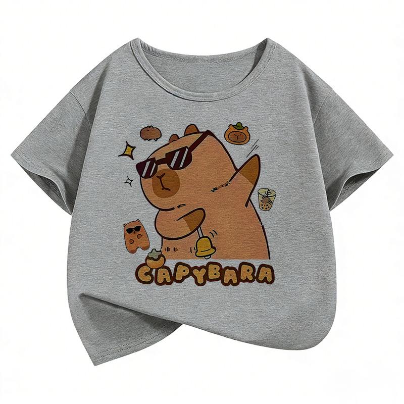 Summer Spring Cute Capybara Print Round Neck Short Sleeved Tee Shirt for Boys and Girls Fashionable Simple Childrens Tshirt