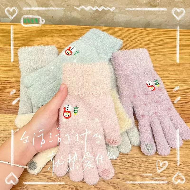 Gloves for Women Winter Warm Knitted Cute Korean Version Snowman Student Plus Velvet Thickened Touch Screen Cycling Gloves