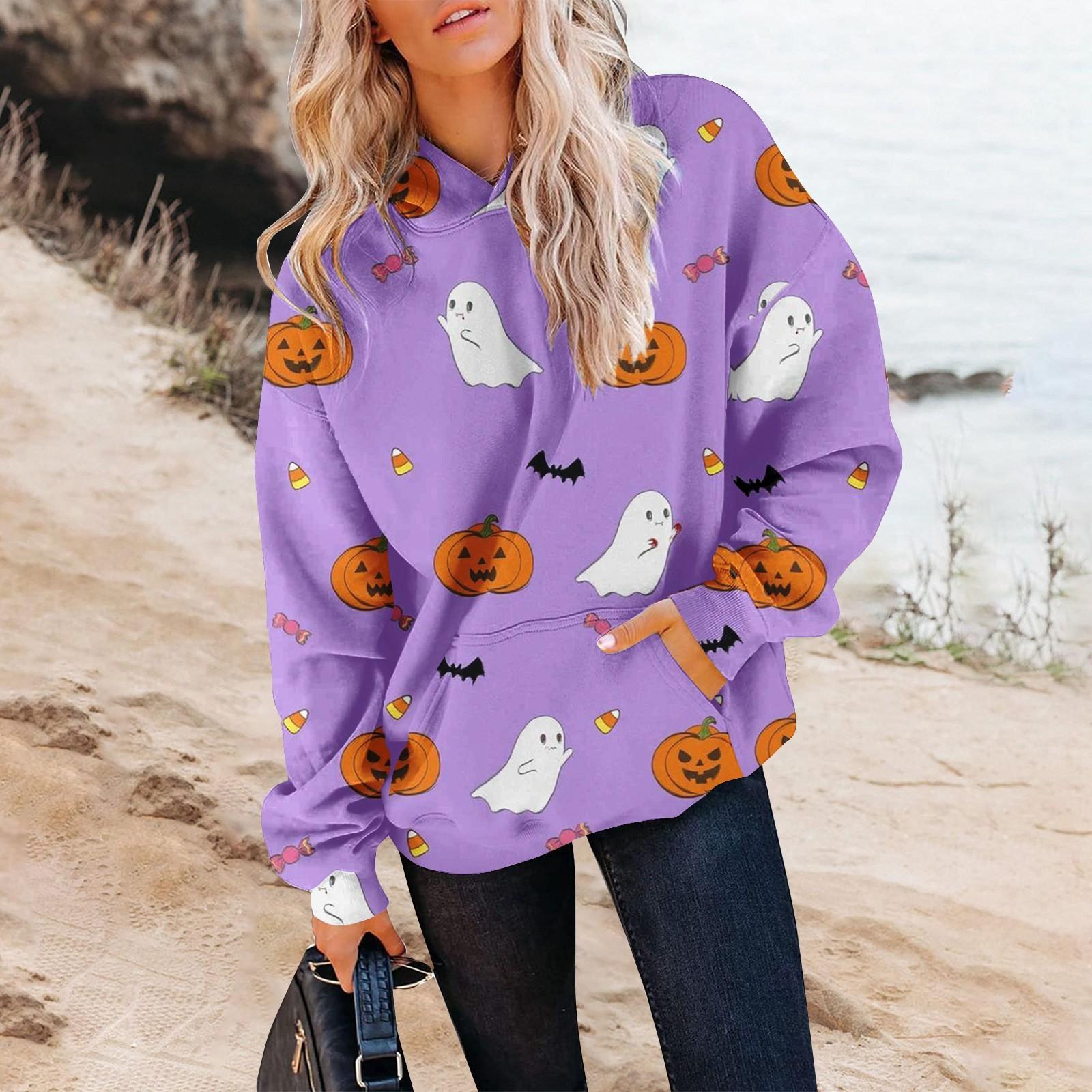 Женский осенне-зимний пуловер с принтом на Хэллоуин толстовка с капюшоном модная толстовка с длинными рукавами XL фиолетовый 2095₽