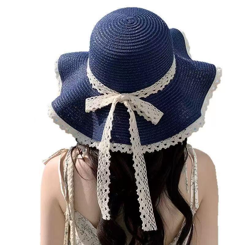 2025 Women's French Lace Bow Straw Sun Hat - Large Brim for Summer Vacation