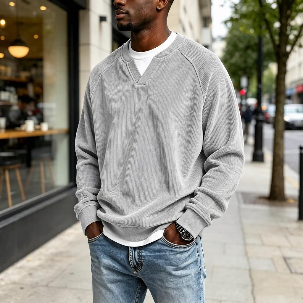 Men's V-neck Faux Two Piece Corduroy Long Sleeve Casual Sportswear T-shirt
