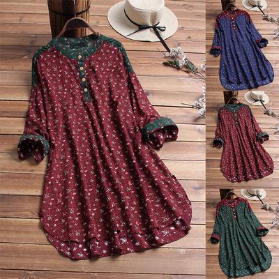 Women's Cotton Linen Standing Collar Printed Shirt Straight Loose Long Sleeve Top