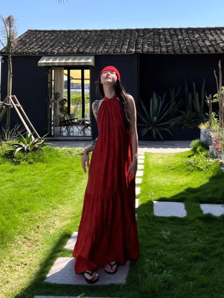 Retro Chinese Style Red Halter Neck Dress for Women - Summer Seaside Vacation Long Flare Skirt