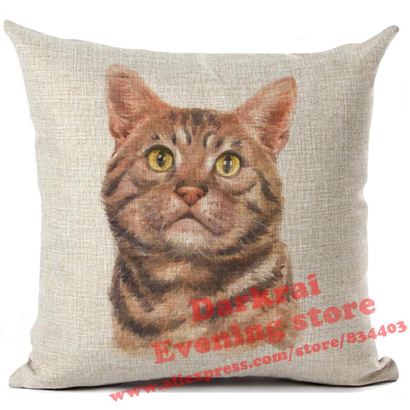 Cushion Cover Watercolor Cute Cat Printed Linen Pillow Cover Car Sofa Decorative Throw Pillows Home Decoration Pillowcase