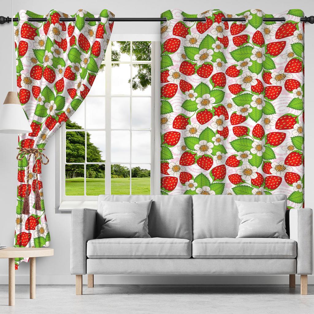 2Pcs Fruit Strawberry Window Curtain Children's Bedroom Blackout Thermal Insulated Room Darkening Noise Reduction Grommet Drapes