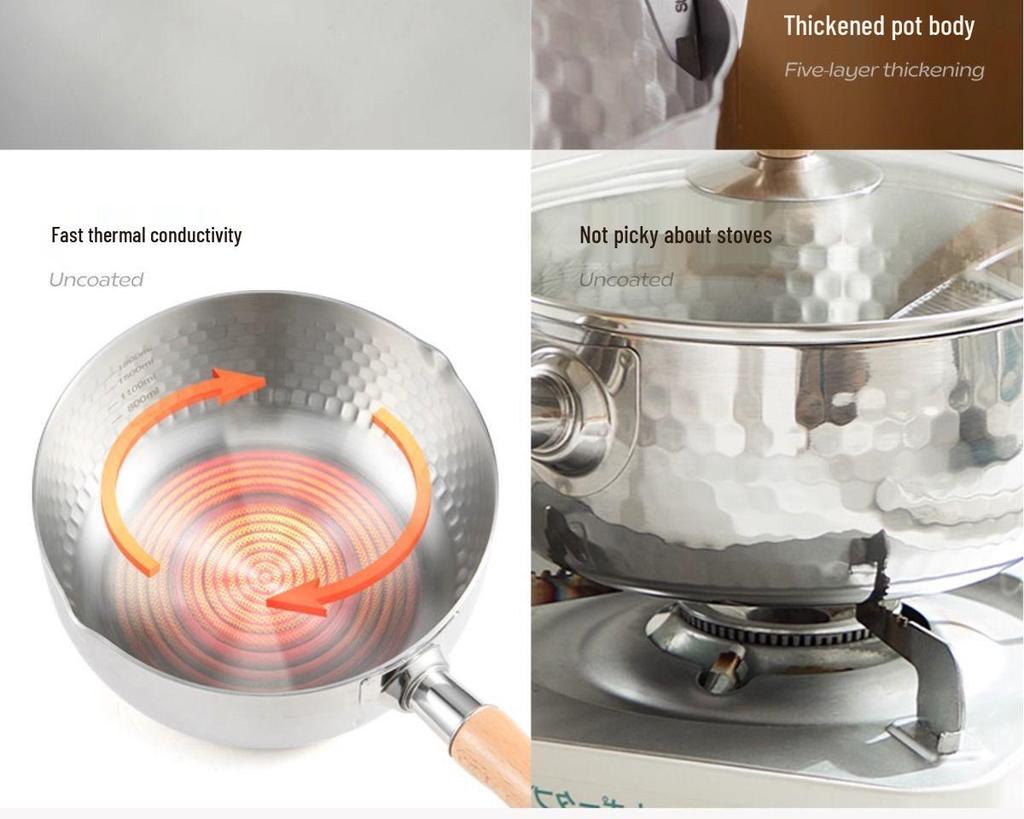 Extra Thick 304 Stainless Steel Yukihira Milk Pot, Uncoated for Baby Food, Cooking Noodles, Small Household Pan