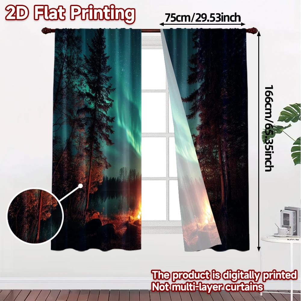 2pcs, 2D FLAT PRINTING Curtains (Without Rod) Aurora Campfire Popular Curtains&Window Treatment Fabric Curtains Holiday for