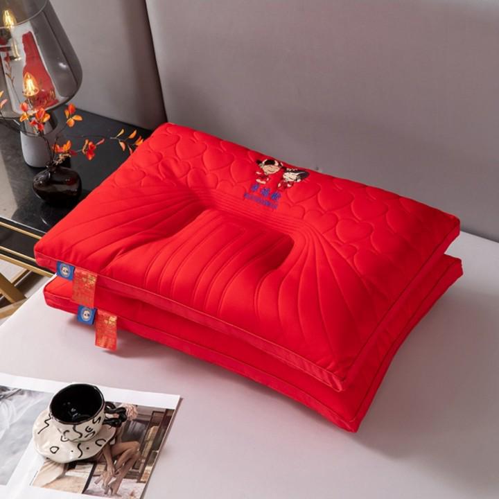 Embroidered Red Wedding Pillow - All-Cotton Feather Velvet for Newlywed Celebration