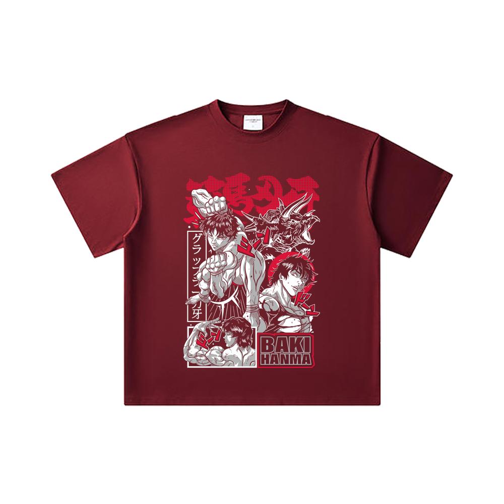 

260 GSM Double Yarn 32 Count 100% Cotton Baki V3 Print Unisex Heavy Cotton T Shirt 2XL вина червоного кольору