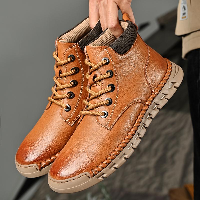 Fashion Winter Retro Style Boots High Quality Men Casual Leather Thick Bottom Comfy Business Dress Shoes Lace-up Male Ankle Boots