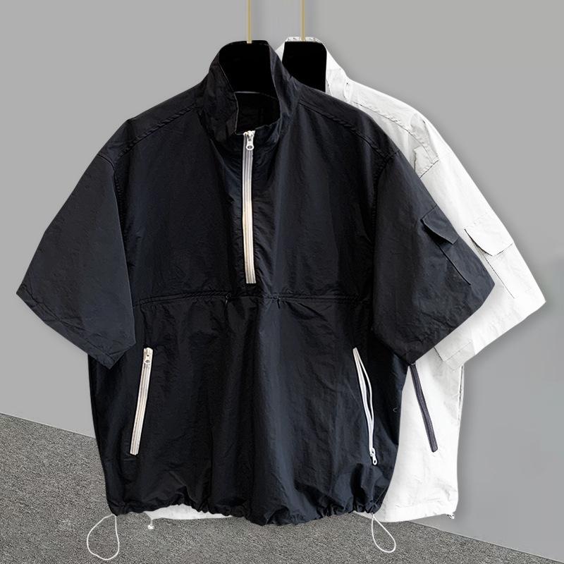 Men's Black Half Zip Short Sleeve Jacket Casual Oversized Streetwear Windbreaker