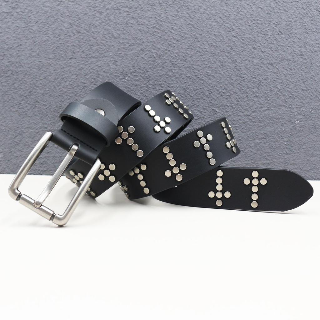 Y2K Punk Men's Genuine Cowhide Leather Belt with Full Row and Cross Rivets