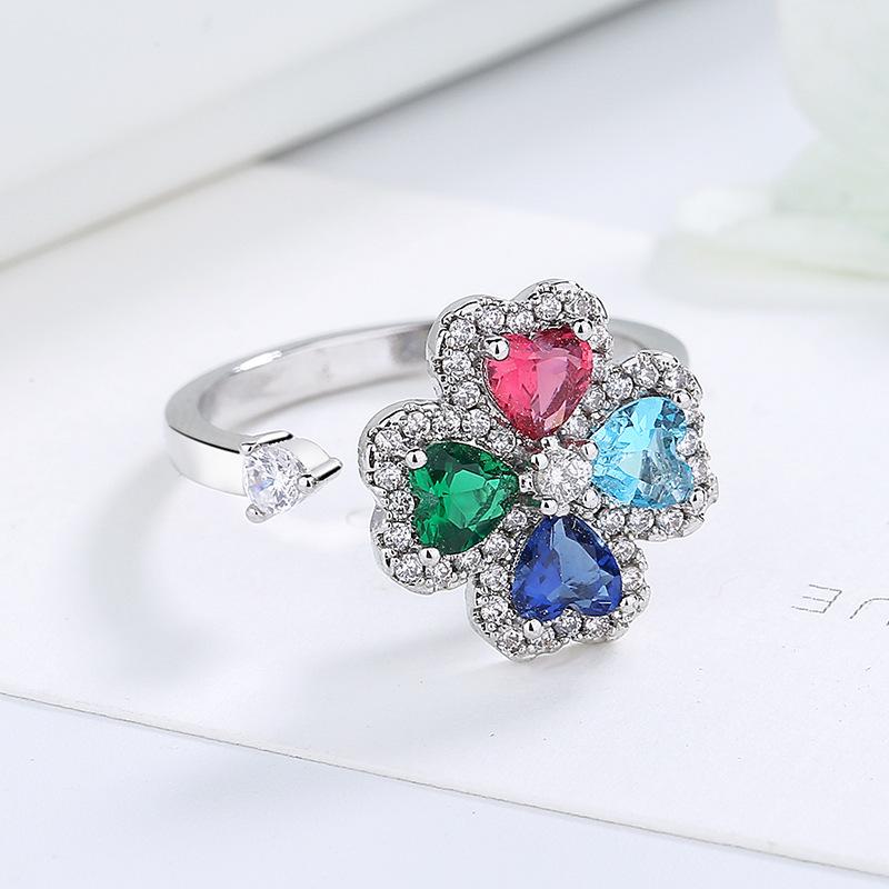 Adjustable Colorfast Zircon Clover Open Ring for Women