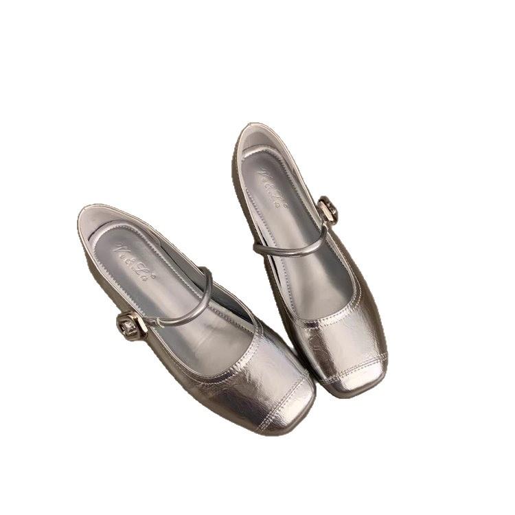 Korean version of one word with Mary Jane single shoes inner height increase women's shoes summer French silver half slippers bag head sandals women
