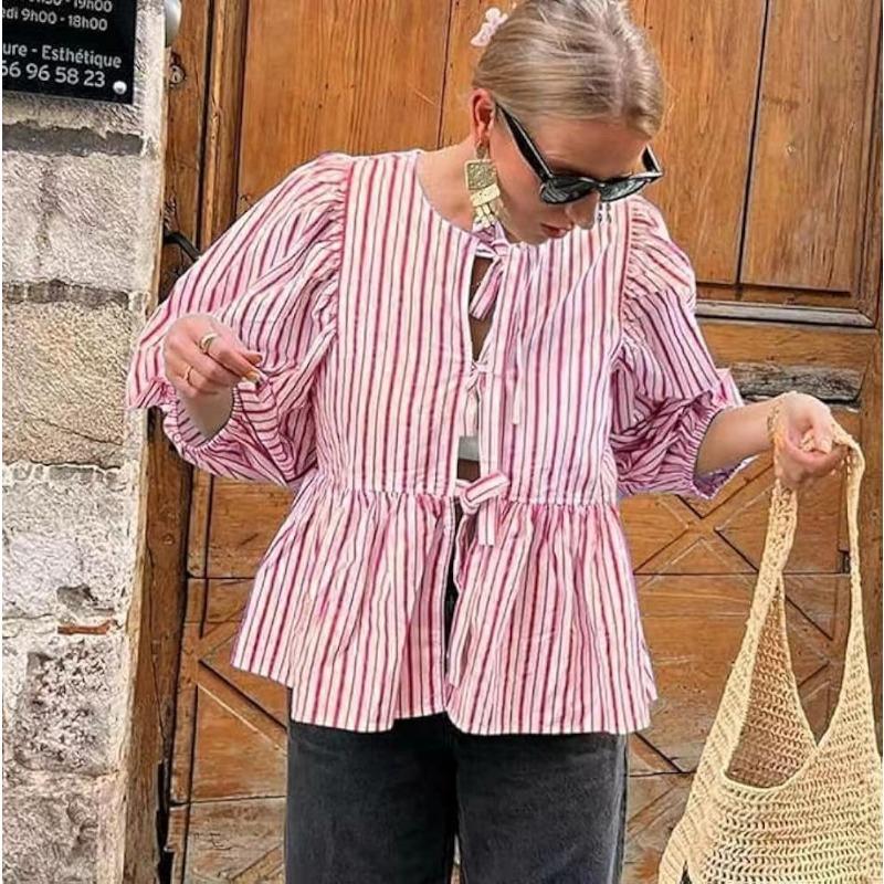Spring and Summer Sweet and Casual Lace-up Striped Women's Blouses & Shirts