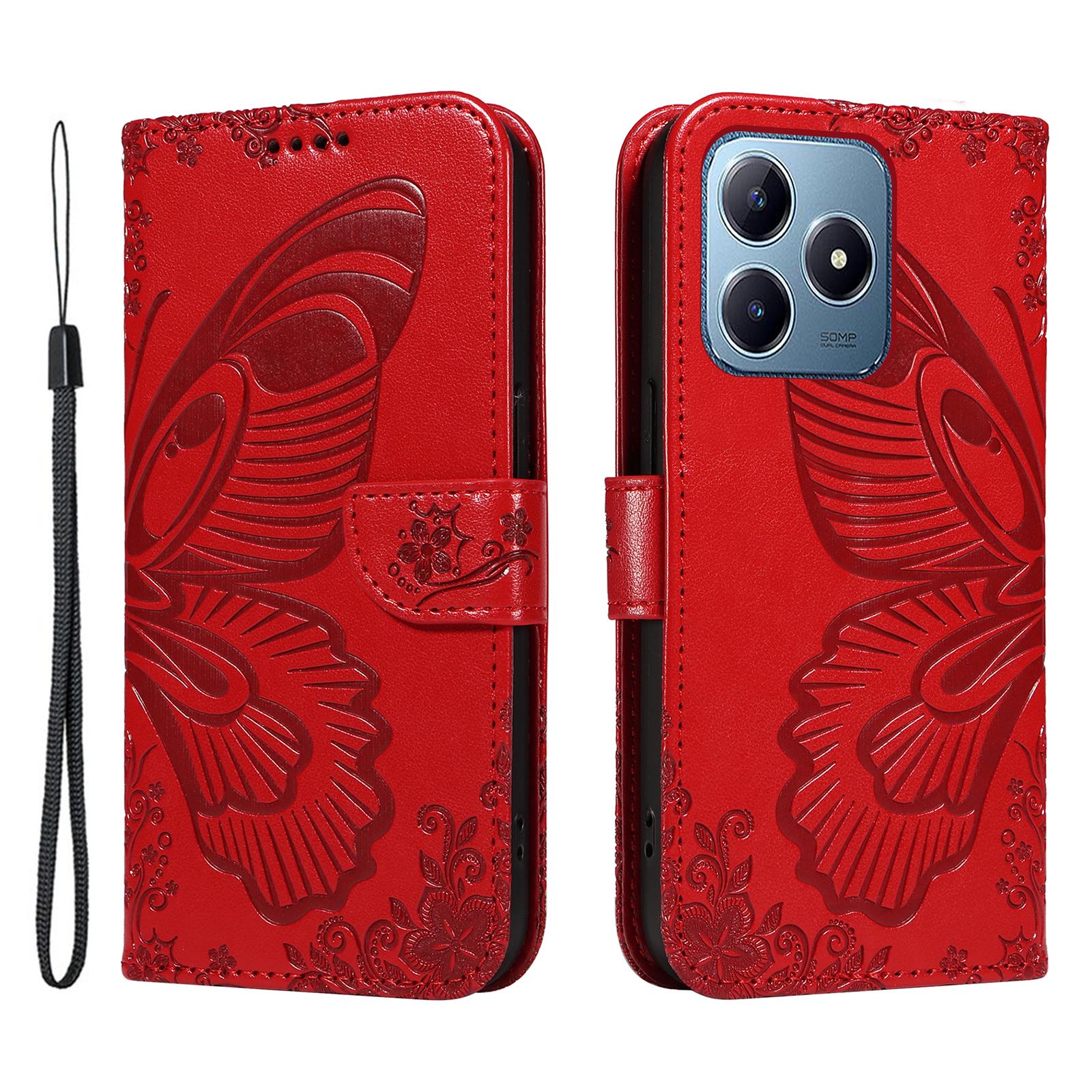 

For Realme Note 60x 4G/C63 4G/C61 4G Case Butterfly PU Leather Phone Cover Stand Card Holder Red