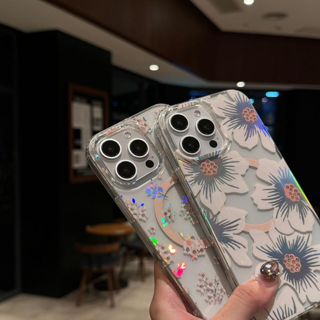 Magnetic Phone Case for IPhone17 with Colorful Laser Flowers and Transparent Anti Drop Protective Case for Apple 16ProMax