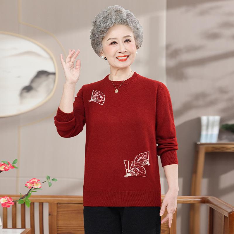 2025 Stylish Knit Base Layer Top for Middle-Aged & Elderly Women - Autumn/Winter Red Sweater