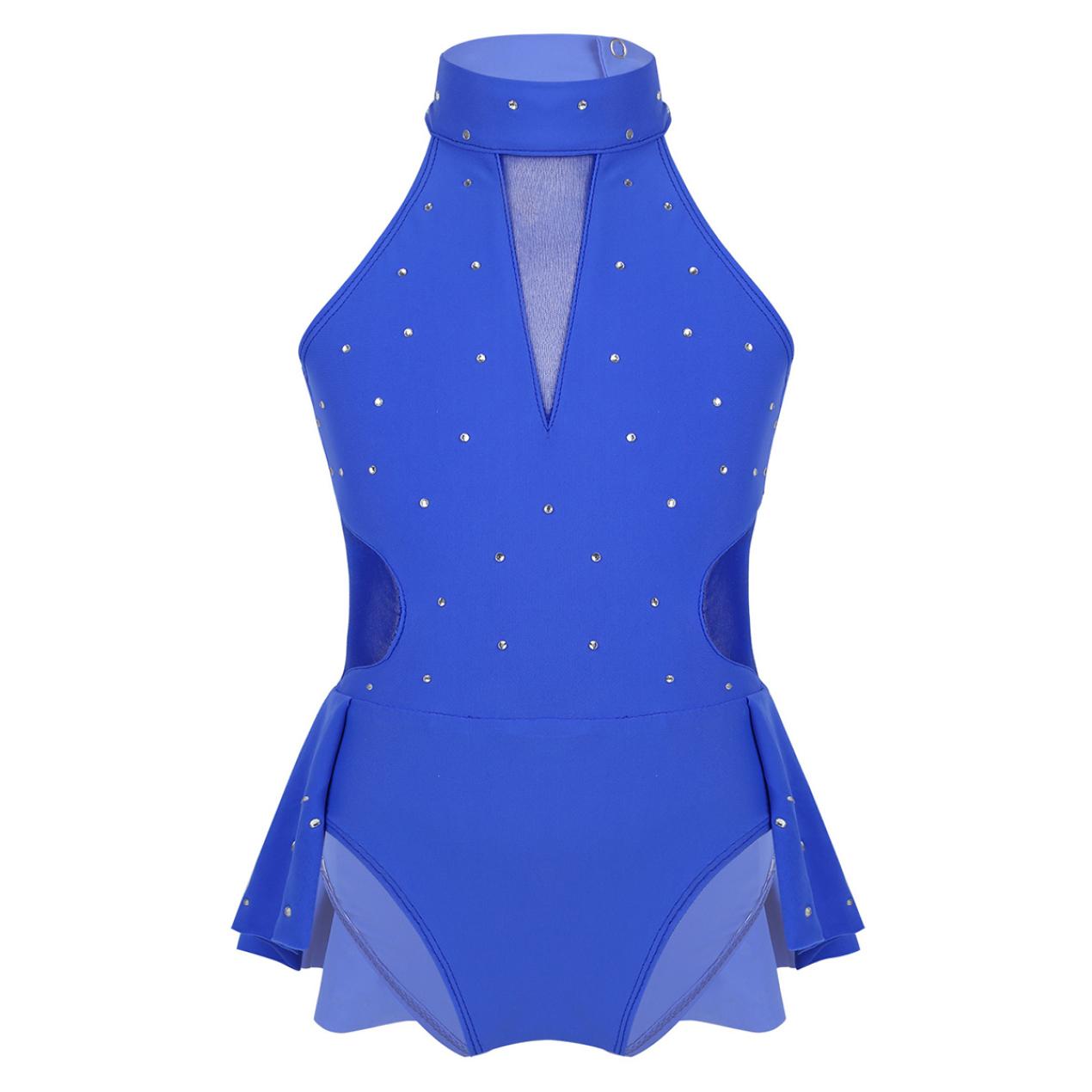 

Детский современный танцевальный трико для девочек без рукавов, блестящий сетчатый комбинезон со стразами на спине, бальный комбинезон 13-14 Years синий