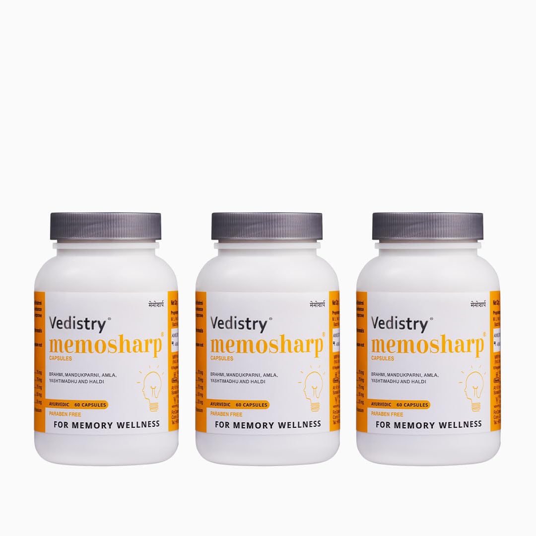 

Vedistry Memosharp Ayurvedic Brain Booster Capsules 60 Each x Pack of 3 for Memory Focus and Clarity