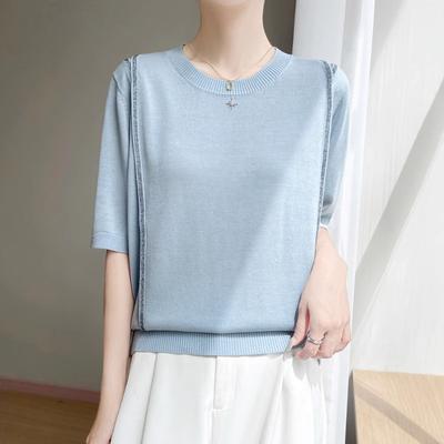 T-shirt a maniche corte in maglia stirata con scollo rotondo in Tencel Un Nuovo Top Estivo Versatile Sottile