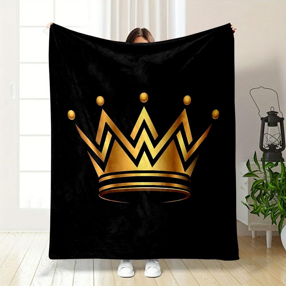 Golden Crown on Black Background Patterned blanket, flannel, suitable for all seasons, home decor, warm and cozy