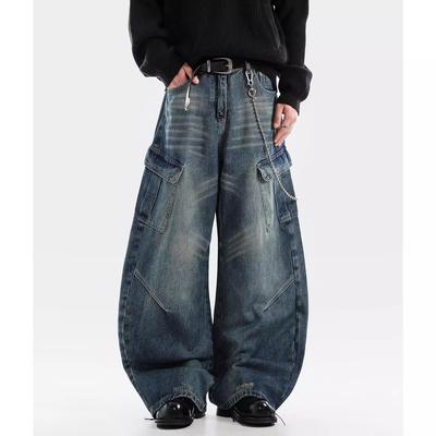 American Retro Washed Big Pocket Scimitar Jeans Men's Street Trendy Brand Old Loose Casual Wide-leg Overalls
