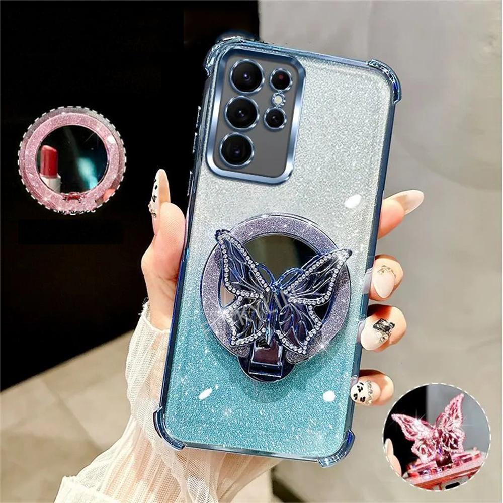 

Luxury Plating Butterfly Stand Mirror Phone Case For Samsung A06 A16 A05S A35 A55 A54 A36 A56 Soft Silicone Shockproof Cover For Samsung A54