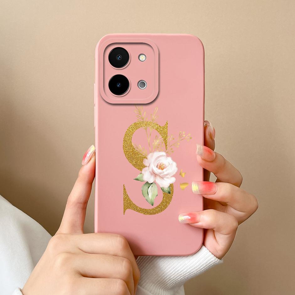 Case For Vivo Y28 4G 5G Art Flower 26 Letters Liquid Silicone TPU Back Cover For VivoY28 4G 5G Advanced Sense Couple Funda Shell