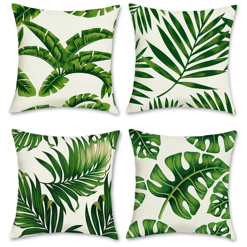 4Pcs Tropical Leaf Cushion Covers, Vibrant Green Monstera & Palm Print Pillow Cases For Sofa Bedroom Living Room 45X45Cm