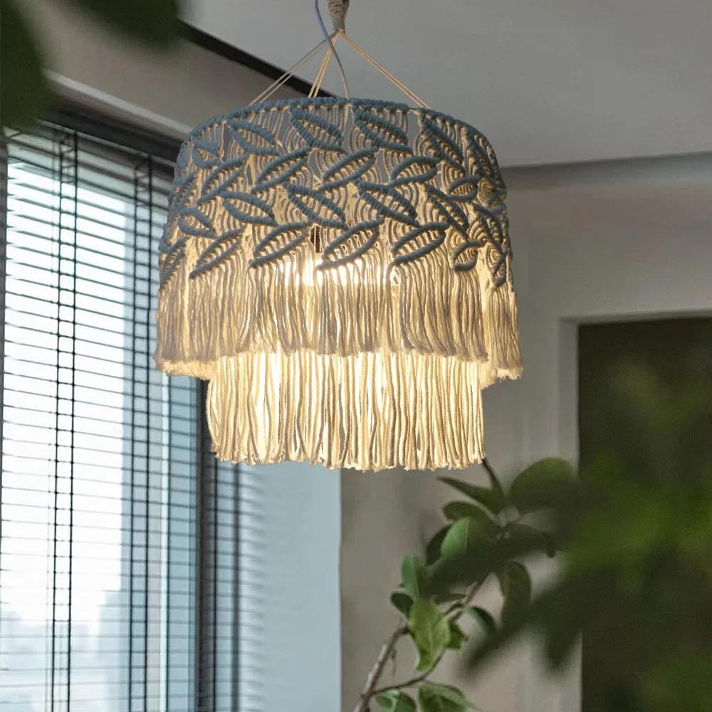Bohemian Style Tapestry Lampshade Handmade Woven Cotton Tassel Macrame Wall Hanging Lamp Cover Ceiling Pendant for Room Decor