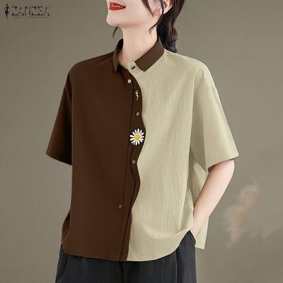 Women Casual Turn Down Collar Summer Short Sleeve Patchwork Blouse