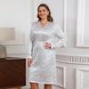 Women's Plus Size Sexy Solid Color Hot Silver Elastic Waist Midi Dress Slim V-Neck Long Sleeve Dress