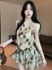 French Temperament Waist Contrasting Color Plaid Hanging Neck Swinging Collar Summer New Design Sense Thin Fashion