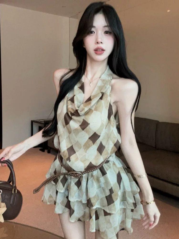 French Temperament Waist Contrasting Color Plaid Hanging Neck Swinging Collar Summer New Design Sense Thin Fashion