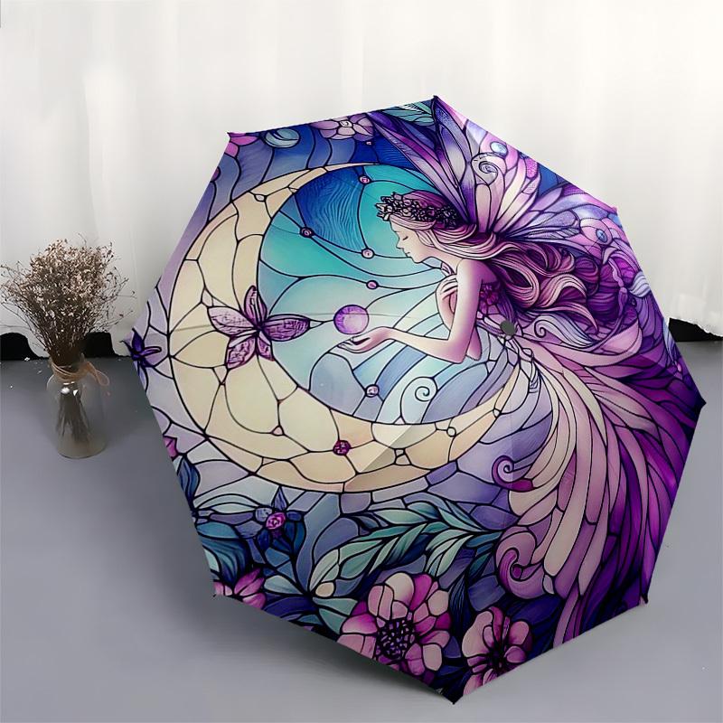 1pc Stained Glass Fairy Design Automatic Folding Umbrella - Portable 3-Fold Design with 8-Rib Iron Frame, Outdoor, Ideal Gift for Fans, Travelers, Dai