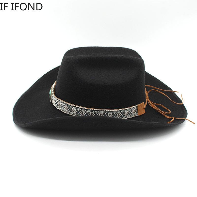 New Men Women Artificial Woolen Western Cowboy Hats 9.5CM Wide Brim Party Dress Hats Gentleman Lady Jazz Cowgirl Cap
