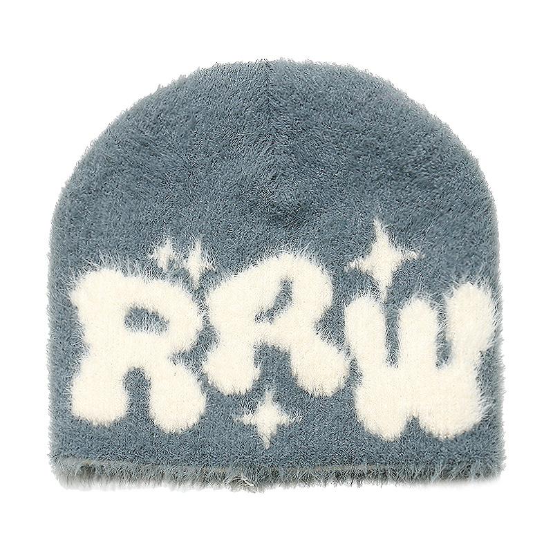 New plush letter beanie hat imitation mink hair beanie warm knitted hat women's winter